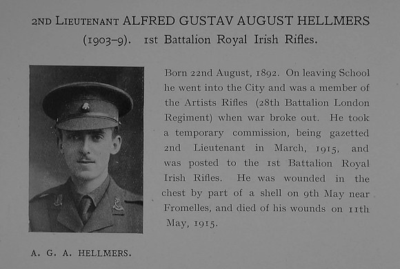 Hellmers A G A 2nd Lt 1st Royal Irish Rifles ObitDulwich College Roll Of Honour