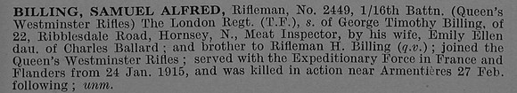 Billing S A Rfn 2449 16th London Regiment Short Obituary De Ruvignys Roll Of Honour Vol 4