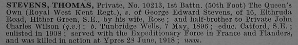 Stevens T Pte 10213 1st Queens Own Royal West Kent Regiment Short Obit De Ruvignys Roll Of Honour Vol 4