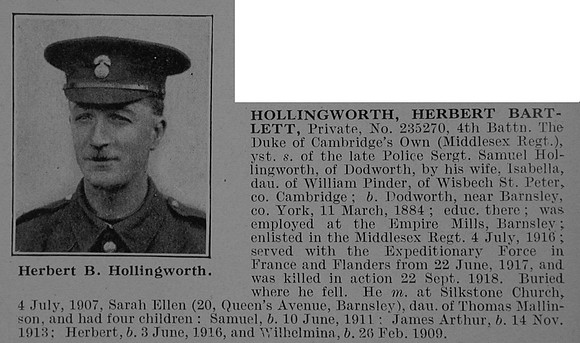 Hollingworth H B Pte 235270 4th Middlesex Regiment Obit De Ruvignys Roll Of Honour Vol 5