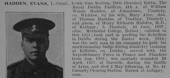 Hadden E L/Cpl 10th Royal Dublin Fusiliers Obituary De Ruvignys Roll Of Honour Vol 3