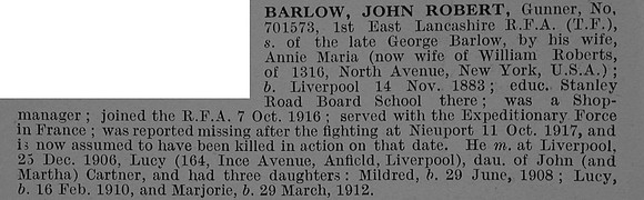 Barlow J R Gnr Royal Field Artillery Obit De Ruvignys Roll Of Honour Vol 4