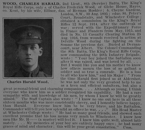 Wood C H 2nd Lt 8th Kings Royal Rifle Corps Obit De Ruvignys Roll Of Honour Vol 3