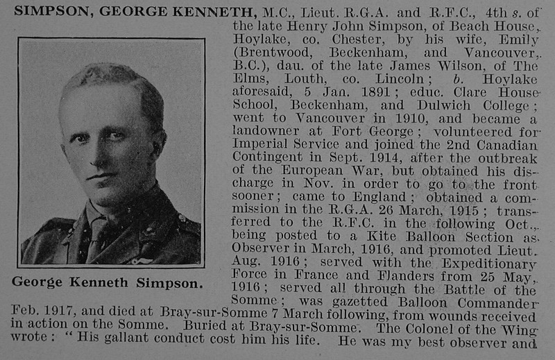 UK Photo And Social History Archive: S &emdash; Simpson G K Lt MC Royal Garrison Artillery Attd Royal Flying Corps Obit Part 1 De Ruvignys Roll Of Honour Vol 3