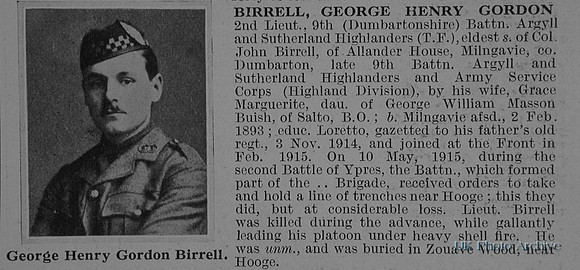 Birrell G H G 2nd Lt 9th Argyll & Sutherland Highlanders Obituary De Ruvignys Roll Of Honour Vol 1
