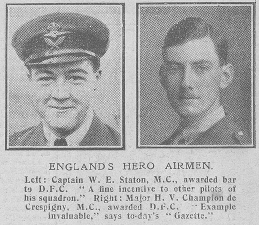 Staton W E Captain DFC + Bar MC RNAS Champion de Crespigny H V Major DFC MC RFC The Graphic 4th Dec 1918