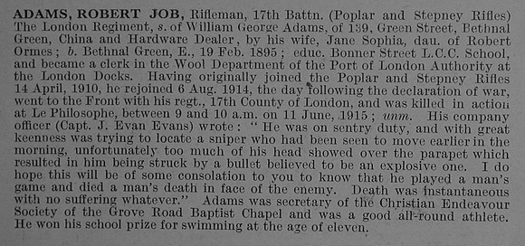 Adams R J Rfn 2061 17th London Regiment Obit De Ruvignys Roll Of Honour Vol 1