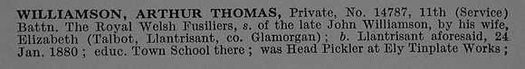 Williamson A T Pte 14787 11th Royal Welsh Fusiliers Obit Part 1 De Ruvignys Roll Of Honour Vol 4