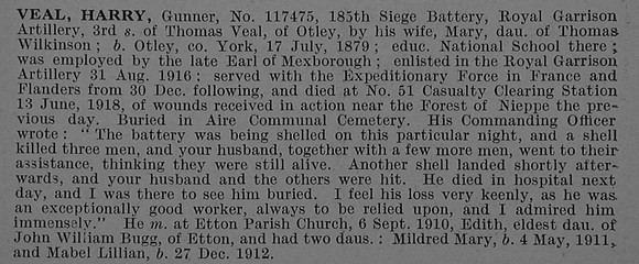 Veal H Gnr 117475 Royal Garrison Artillery Obit De Ruvignys Roll Of Honour Vol 4