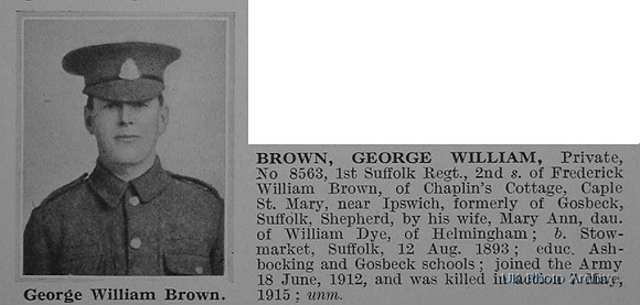 Brown G W Pte 8563 1st Suffolk Regiment Obituary De Ruvignys Roll Of Honour Vol 1