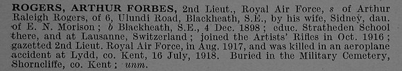 Rogers A F 2nd Lt Royal Air Force Short Obit De Ruvignys Roll Of Honour Vol 4