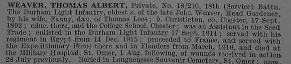 Weaver T A Pte 18-210 18th Durham Light Infantry Obit De Ruvignys Roll Of Honour Vol 4