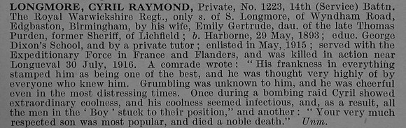 Longmore C R Pte 1223 14th Royal Warwickshire Regiment Obit De Ruvignys Roll Of Honour Vol 4