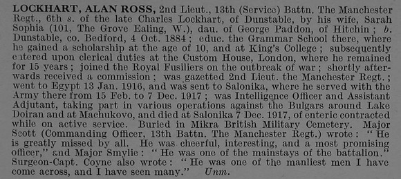 Lockhart A R 2nd Lt 13th Manchester Regiment Obit De Ruvignys Roll Of Honour Vol 4