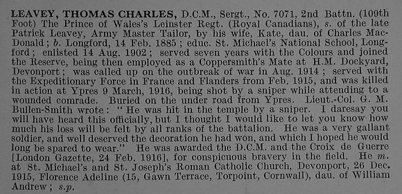 Leavey T C Sergt DCM 7071 2nd Leinster Regiment Obit De Ruvignys Roll Of Honour Vol 4