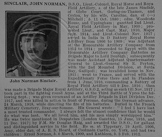 Sinclair J N Lt Col DSO Royal Field Artillery Obit De Ruvignys Roll Of Honour Vol 4