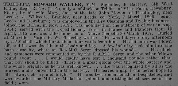 Triffitt E W Sig MM 780180 Royal Field Artillery Obit De Ruvignys Roll Of Honour Vol 4