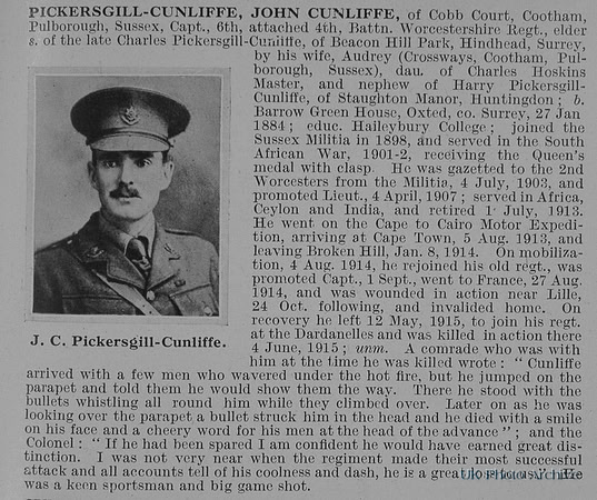 Pickersgill-Cunliffe J C Captain 4th Worcestershire Regiment Obit De Ruvignys Roll Of Honour Vol 1