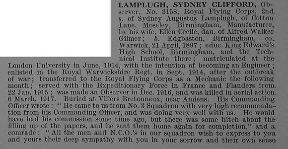 Lamplugh S C Obs 3158 Royal Flying Corps Obit Part 1 De Ruvignys Roll Of Honour Vol 4