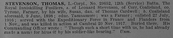 Stevenson T L/Cpl 29652 12th Royal Inniskilling Fusiliers Obit De ruvignys Roll Of Honour Vol 4