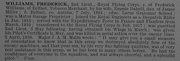 Williams F 2nd Lt Royal Flying Corps Obit De Ruvignys Roll Of Honour Vol 4