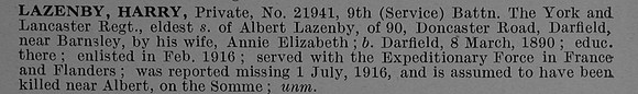 Lazenby H Pte 21941 9th York & Lancaster Regiment Short Obit De Ruvignys Roll Of Honour Vol 4