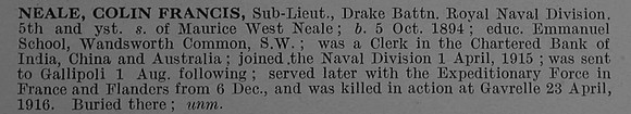 Neale C F Sub Lt Drake Bn. R.N. Div. Royal Naval Volunteer Reserve Obit De Ruvignys Roll Of Honour Vol 4