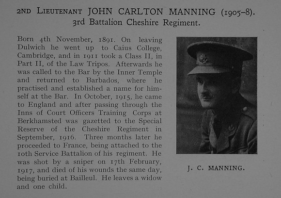 Manning J C 2nd Lt 3rd Attd 10th Cheshire Regiment Obit Dulwich College Roll Of Honour