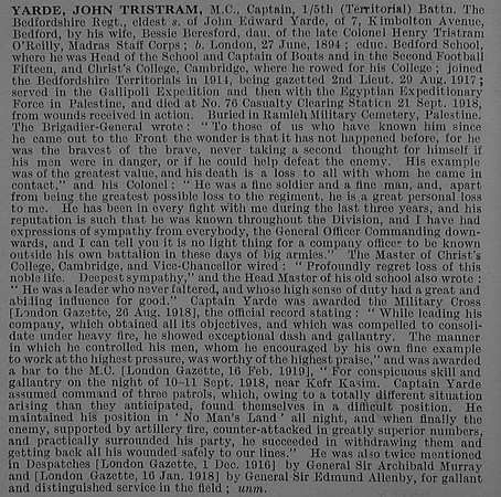 Yarde J T Captain MC 5th Bedfordshire Regiment Obit De Ruvignys Roll Of Honour Vol 4
