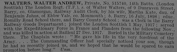 Walters W A Pte 515740 14th London Regiment (London Scottish) Obit De Ruvignys Roll Of Honour Vol 4