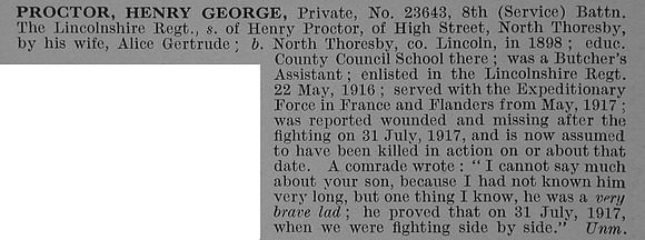 Proctor H G Pte 23643 8th Lincolnshire Regiment Obit De Ruvignys Roll Of Honour Vol 4