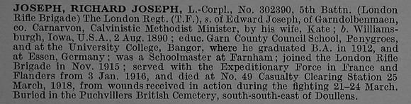 Joseph R J L/Cpl 302390 5th London Regiment (London Rifle Brigade) Obit De Ruvignys Roll Of Honour Vol 4