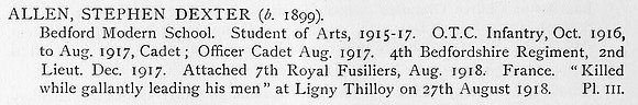 Allen S D 2nd Lt 4th Bedfordshire Regiment