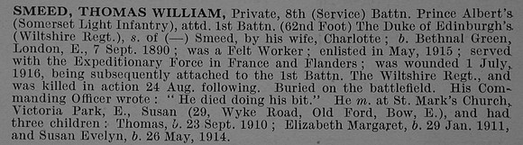 Smeed T W Pte 19134 8th Somerset Light Infantry Obit De Ruvignys Roll Of Honour Vol 4