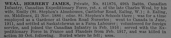 Weal H J Pte 811876 49th Canadian Infantry (Alberta Regiment) Obit De Ruvignys Roll Of Honour Vol 4