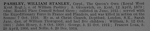 Pashley W S Cpl G/9127 11th Queen's Own (Royal West Kent Regiment) Obit De Ruvignys Roll Of Honour Vol 4