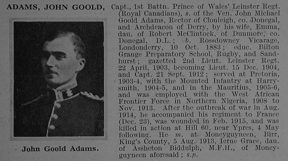 Adams J G Captain 1st Leinster Regiment Obit De Ruvignys Roll Of Honour Vol 1
