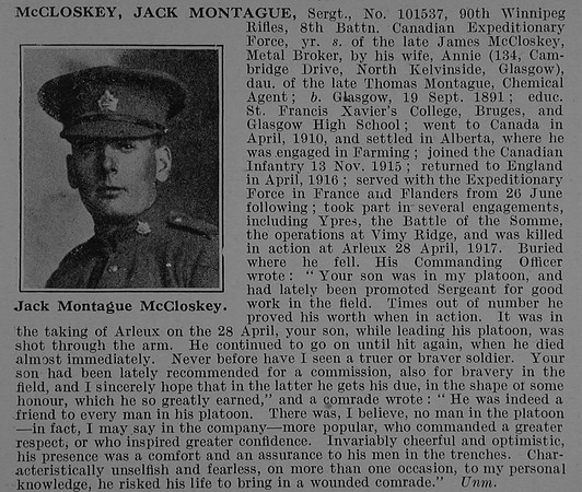 McCloskey J M Sergt 101537 8th Canadian Infantry (Manitoba Regiment) Obit De Ruvignys Roll Of Honour Vol 4