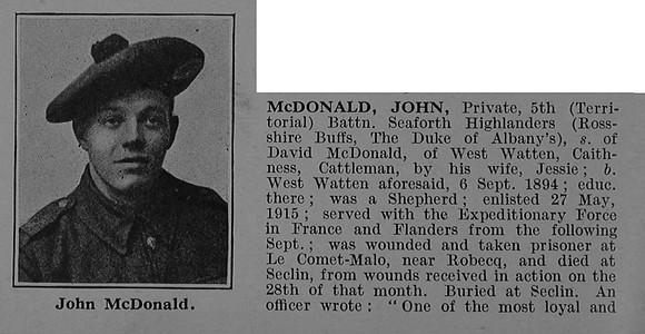 McDonald J Pte 5th Seaforth Highlanders Obit Part 1 De Ruvignys Roll Of Honour Vol 4