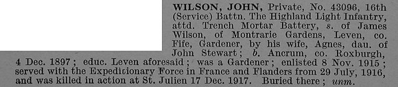 Wilson J Pte 43096 16th Highland Light Infantry Short Obit De Ruvignys Roll Of Honour Vol 4