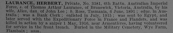 Laurance H Pte 3381 6th Australian Infantry Obit De Ruvignys Roll Of Honour Vol 4
