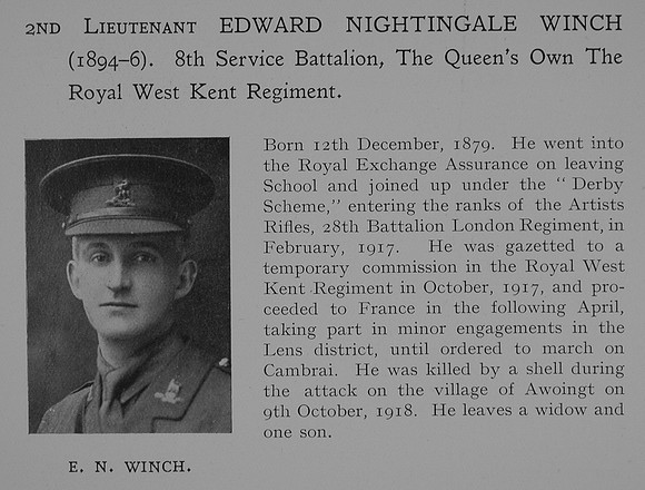 Winch E N 2nd Lt 8th Queens Own Royal West Kent Regiment Obit Dulwich College Roll Of Honour