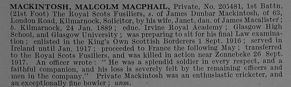 MacKintosh M M Pte 205481 1st Royal Scots Fusiliers Obit De Ruvignys Roll Of Honour Vol 4