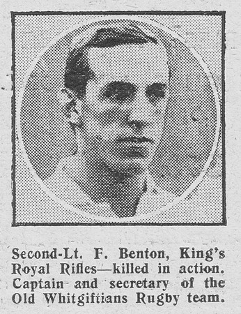 Benton F 2nd Lt 21st Kings Royal Rifle Corps The Graphic 29th Sep 1916