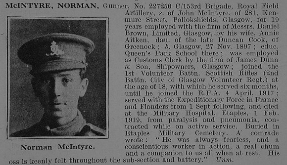 McIntyre N Gnr 227250 Royal Field Artillery Obit De Ruvignys Roll Of Honour Vol 5