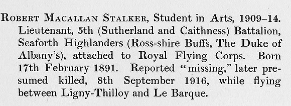 Stalker R M Lt 5th Seaforth Highlanders Attd RFC Obit St Andrews University Roll Of Honour