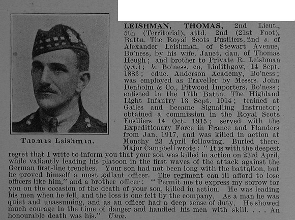 Leishman T 2nd Lt 5th attd 2nd Royal Scots Fusiliers Obit De Ruvignys Roll Of Honour Vol 4