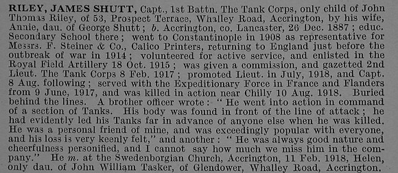 Riley J S Captain 1st Tank Corps Obit De Ruvignys Roll Of Honour Vol 4
