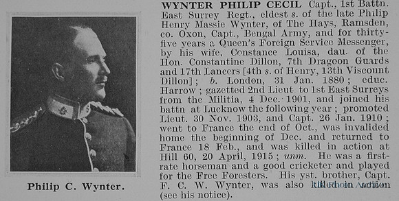 Wynter P C Captain 1st East Surrey Regiment Obit De Ruvignys Roll Of Honour Vol 1