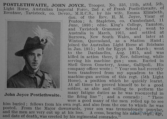 Postlethwaite J J Tpr Australian Imperial Force Obit De Ruvignys Roll Of Honour